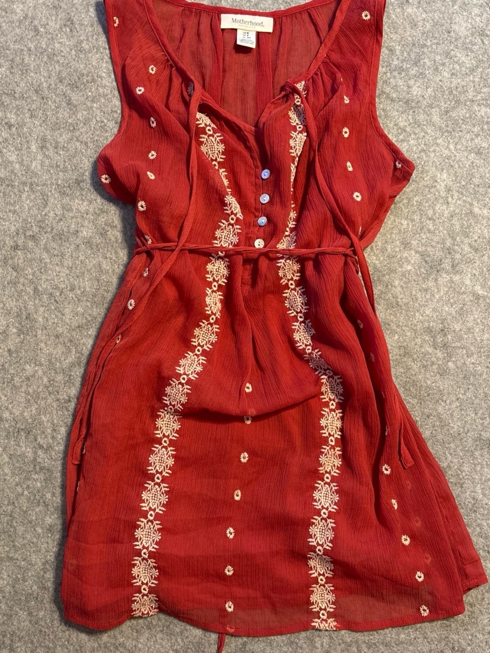 Motherhood Maternity Rust Red Sleeveless Embroidered Tie-Waist Tank